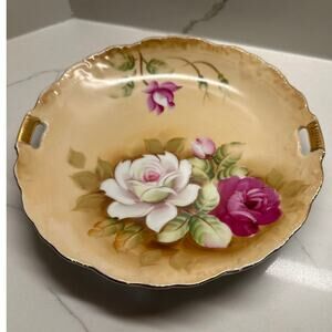 RARE Handled Cake Plate Heritage Brown (Floral) by Lefton NE113 Discontinued